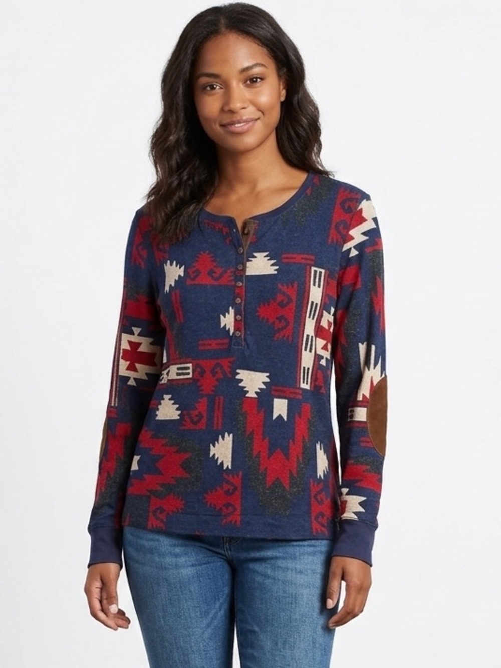 Lauren Ralph Lauren Navy Henley Sweater with Red & Cream Aztec Motif XL